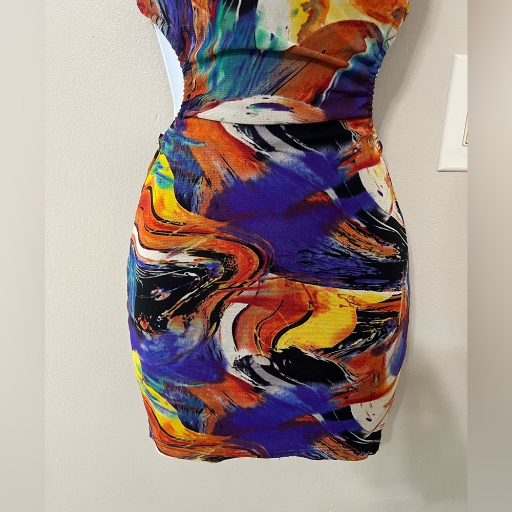 Blanc Picasso Print Cut Out Mini Dress Small Multicolor Bodycon Party - Picture 9 of 15